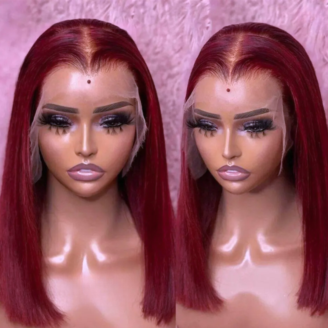 16 Inch Maroon Virgin Human Hair Full Frontal Transparent Lace Wig